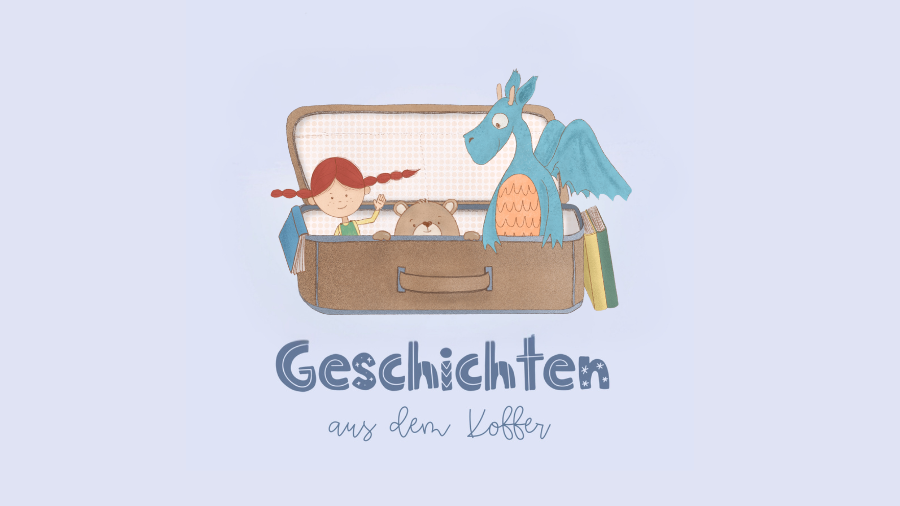 Logo Geschichten aus dem Koffer: Drache, Teddybär und Pippi Langstrumpf schauen aus Koffer