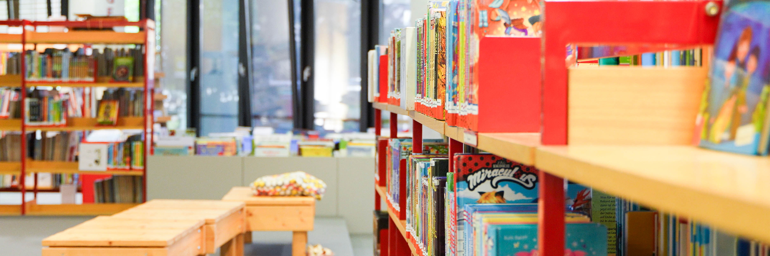 Bücherregale und Sitzmöglichkeiten