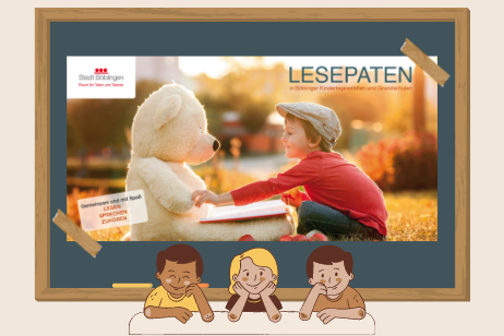 Flyer der Lesepaten-Aktion: Kind mit großem Teddybär